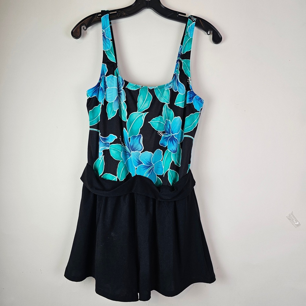 Vintage Tropical Floral Swim Romper Black Turquoise Hibiscus One Piece Swimsuit
